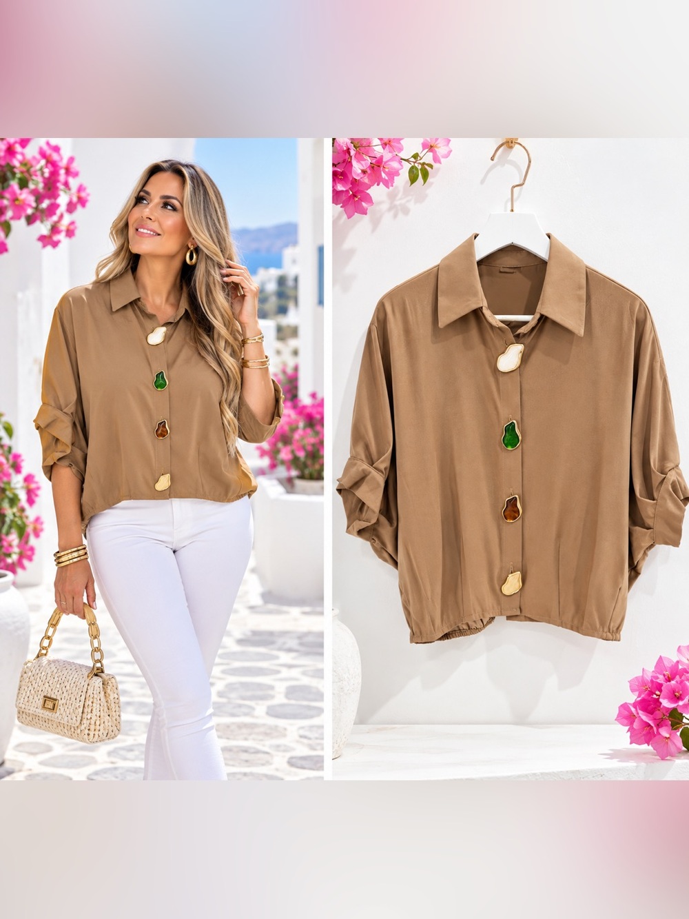 Relaxed Button-Down bomber  Shirt in Camel with Decorative Gem Buttons